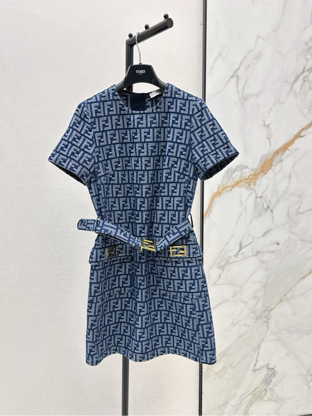 Fendi Blue FF Jacquard Belted Mini Dress